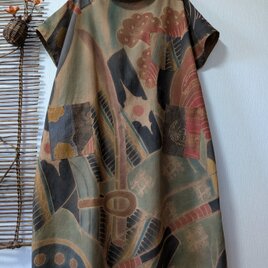 古布リメイク（襤褸） 型染＋格子木綿のフレンチスリーブワンピース