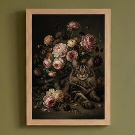 猫（アメリカンショートヘア）クッション 45cm 花の油絵風カラーアート