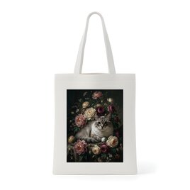 猫（メインクーン）の花に囲まれた油絵風アート A4額装インテリア