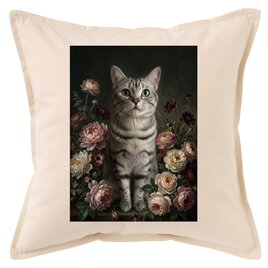 メインクーン　原画　イラスト　アート　木製パネル 猫（メインクーン）の花に囲まれた油絵風アート A4額装インテリア