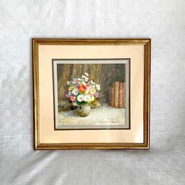 絵画 水彩画 花瓶の花 花と本 額付き フランス額装店サイン入り
