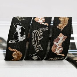 インド刺繍リボン50cm切り売り キャットフェイス ブラック 5.6cm幅 HC