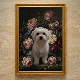 犬（ジャーマンシェパード）の花に囲まれた油絵風アート A4額装