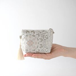 ゴールド・ベージュ 扇 草花 シルク帯 リメイク ショルダーバッグ