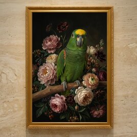 インコ（キエリボウシインコ）の花に囲まれた油絵風アート A3額装