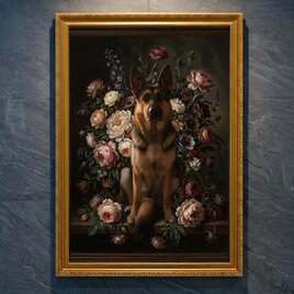 犬（コーギー）の花に囲まれた油絵風アート A4金縁額装インテリア