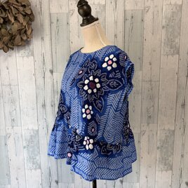 ☆ 有松絞 藍に絞りの花 浴衣リメイク フリル袖ブラウス ♪ | iichi