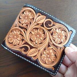 薔薇のお財布 レザーカービング ラウンドファスナーウォレット | iichi