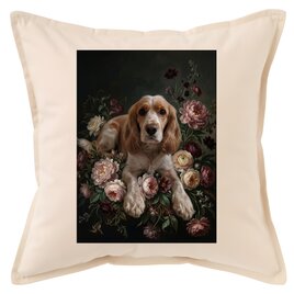 犬（コッカースパニエル）クッション 45cm 花の油絵風カラーアート