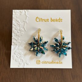 オータムジャスパー と スターチャーム の フープイヤリング ハンドメイド 水色×シルバー】チェコガラス製オーナメントチャームの2wayフープ