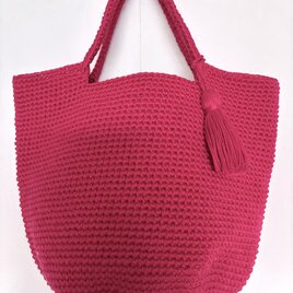 手編み】バイカラーのシンプルBag❣️ポリエステル100%1（ルビーレッド