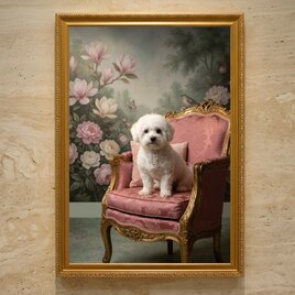犬（ビションフリーゼ）のロココ調シャビーピンクアート A3額装インテリア壁掛け 犬（ビションフリーゼ）のロココ調シャビーピンクアート A3額装