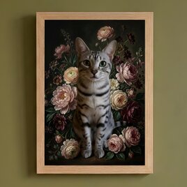 猫（メインクーン）の花に囲まれた油絵風アート A3額装インテリア