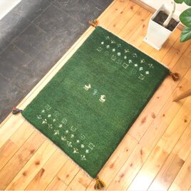 ハンドメイド ペルシャ ギャッベ 玄関マット ラグ 84x58㎝ 緑色 パネル