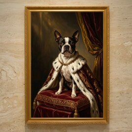犬（ボストンテリア）のルネサンス風肖像画 油絵風アートA3額装