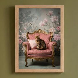 猫（ベンガル）の花に囲まれた油絵風アート A4額装インテリア壁掛け