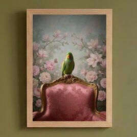 インコ（オオハナインコ）のロココ調シャビーピンクアート A4額装