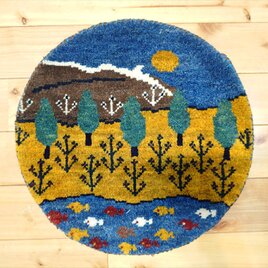 ★美品★ハンドメイドギャッベ　幾何学模様 グレー ペルシャ ギャッベ 玄関マット ラグ 80X53㎝ 幾何学文様 青 黄色