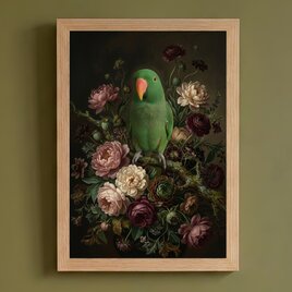 インコ（モモイロインコ）トートバッグ 花の油絵風アート キャンバス地