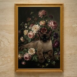 猫（バーミーズ）の花に囲まれた油絵風アート A3額装インテリア壁掛け 猫（バーミーズ）の花に囲まれた油絵風アート A3額装インテリア壁掛け
