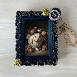 猫（アメリカンショートヘア）の花の油絵風アート A4金縁額装