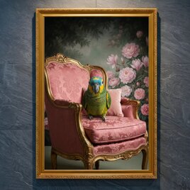 猫（アメリカンショートヘア）の花の油絵風アート A4金縁額装