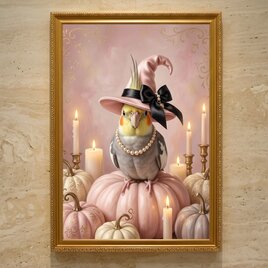 インコ（コガネメキシコインコ）のハロウィン限定アート A4金縁額装