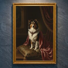 犬（コッカースパニエル）の花に囲まれた油絵風アート A4額装