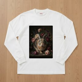 うさぎ長袖Tシャツ 花の油絵風アート ホワイト 男女兼用 | iichi 日々