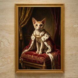 猫（スフィンクス）クッション 45cm ルネサンス風モノクロアート 額縁
