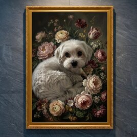 犬（キャバリア）のロココ調シャビーピンクアート A3額装インテリア