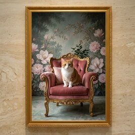 犬（マルチーズ）の花に囲まれた油絵風アート A3額装インテリア壁掛け