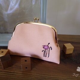 刺繍入り　きれい色帆布　親子がま口　　簡易サイフ【もも色】