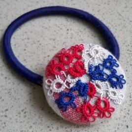 くるみボタンのヘアゴム（コットン地トリコロールタティング）