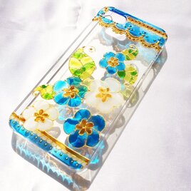 ステンドグラス風iPhoneスマホカバー/青い小花の画像
