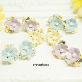 春！『秘密の花園』イヤリング　パール＆ビジュー　パープル＆ブルー