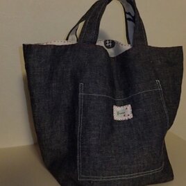 トートバッグ　リネンのダンガリーとヴィンテージの手ぬぐいで