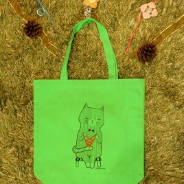 【訳あり】トートバッグ_ライム_あやとりネコ