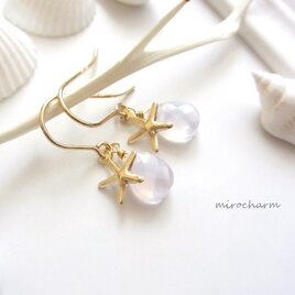紫陽花クォーツとスターフィッシュのピアス 14kgf