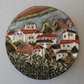 陶板画　風景画スペインの小さな街から　春