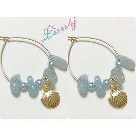 恋愛成就☆アクアマリンと貝殻の可愛らしいピアス