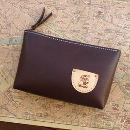 【o様オーダー品】本革 ファスナーポーチ（こげ茶）花柄ライトブルー