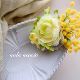 再再販　ふわふわミモザのコサージュ　ヘッドドレス　