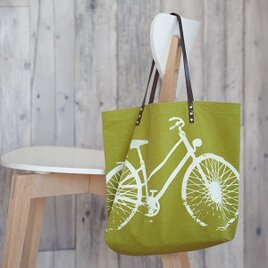 バイオウォッシュ帆布トートバッグ、自転車、若葉