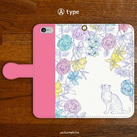 ピンク色タイプ【猫とRose Pinkと花に囲まれて】手帳型スマートフォンケースの画像