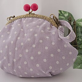 がま口バッグ　リネン　ライラック　ドットプリント