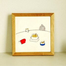 【セミオーダーOKな作品です】犬の絵｜原画「コーンスープ」 ※木製額縁入り (18×18㎝フレーム）