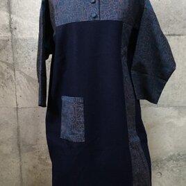 ウール地切り替えボウタイワンピース　ポケット付き