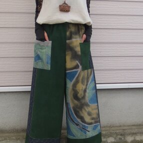 久留米絣　木綿　着物リメイク　フード付きベストとワイドパンツ