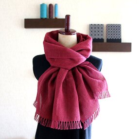 リネン＆コットン チクチクしない手織りストール【ボルドー x ローズピンク x ワインレッド】